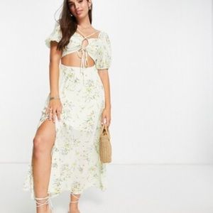 ASOS DESIGN cross front cut out midi dress in meadow floral print
